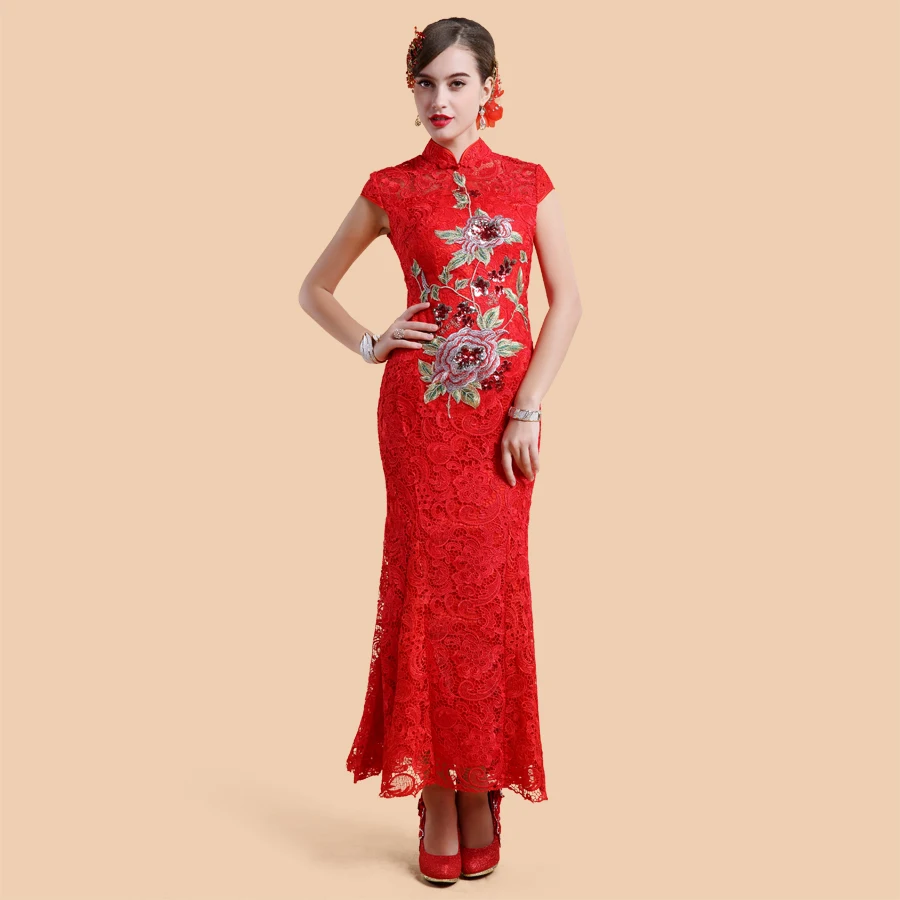 Новый 2017 Мать Платья Cheongsam Изящные Голеностопного Длина Высокая Шея Блесток