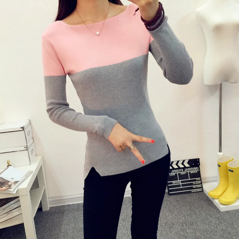 Высокой Упругой Вязаный Свитер Женщин 2016 Весна Осень Сплит Женщины Свитеров И