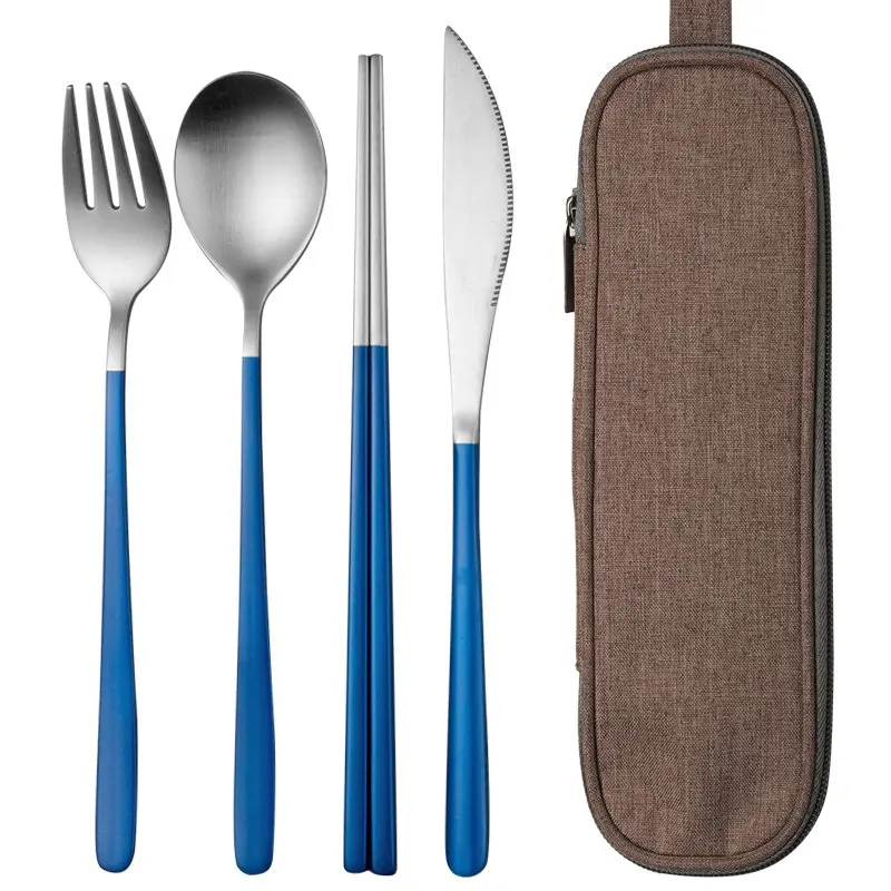 blue silver 4 PC JueQi походный набор посуды столовые приборы 304 нержавеющая сталь Палочки для еды посуда кухонная посуда включает нож вилка чайные ложки мешок - Цвет: blue silver 4 PC