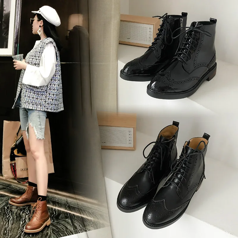 Кожаные броги в британском ретро-стиле; оксфорды; женские зимние ботинки; женская обувь на шнуровке и молнии; повседневная женская обувь ручной работы с круглым носком