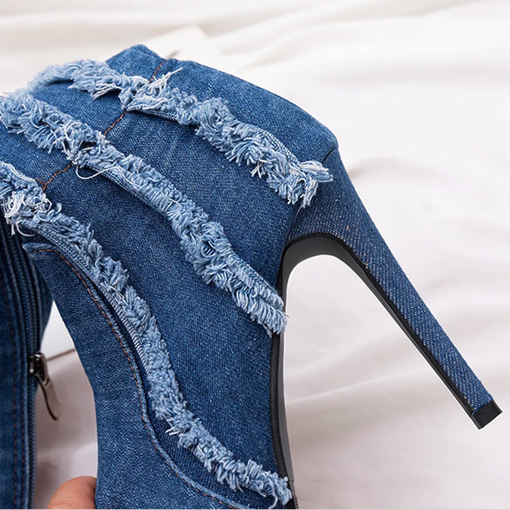 Зимняя обувь женские джинсовые ботфорты на тонком высоком каблуке и платформе