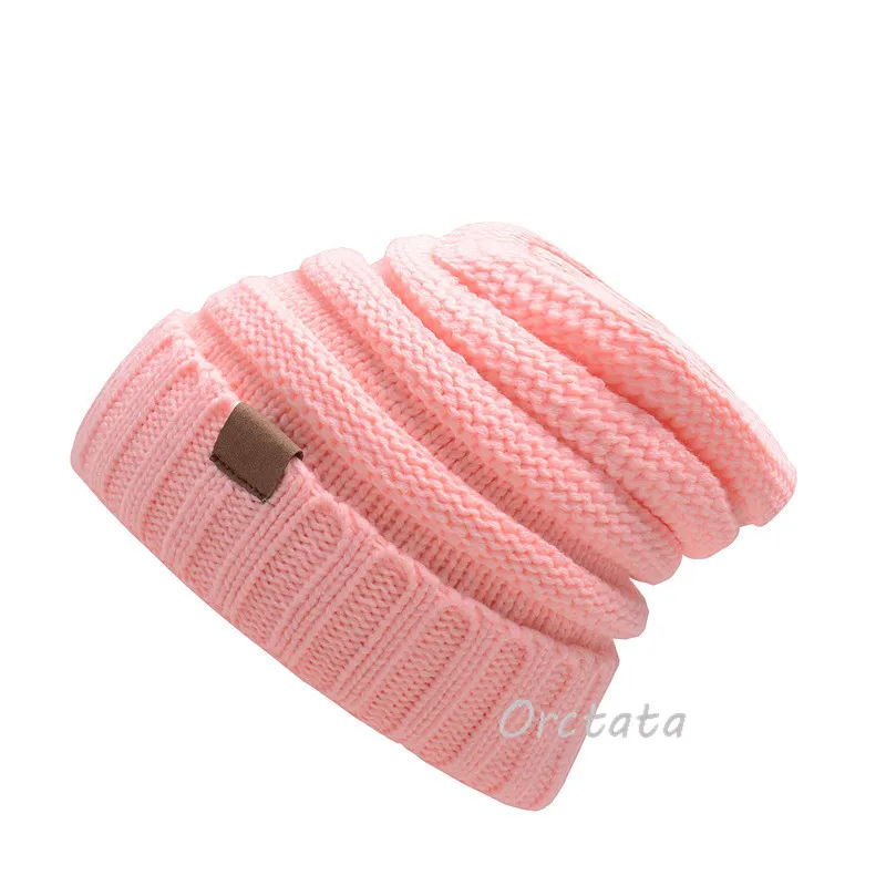 Pink Зимняя шерстяная вязаная шапка, Женский хвостик, шапочки, модная шапка на весну и осень, повседневная однотонная теплая женская вязаная шапка Skullies, шапка - Цвет: Pink