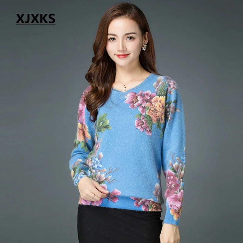 XJXKS Best Quality Cashmere Sweater Print Flower Women Pullover Sweaters Plus Size Winter Clothes Knitted Jumper | Женская одежда