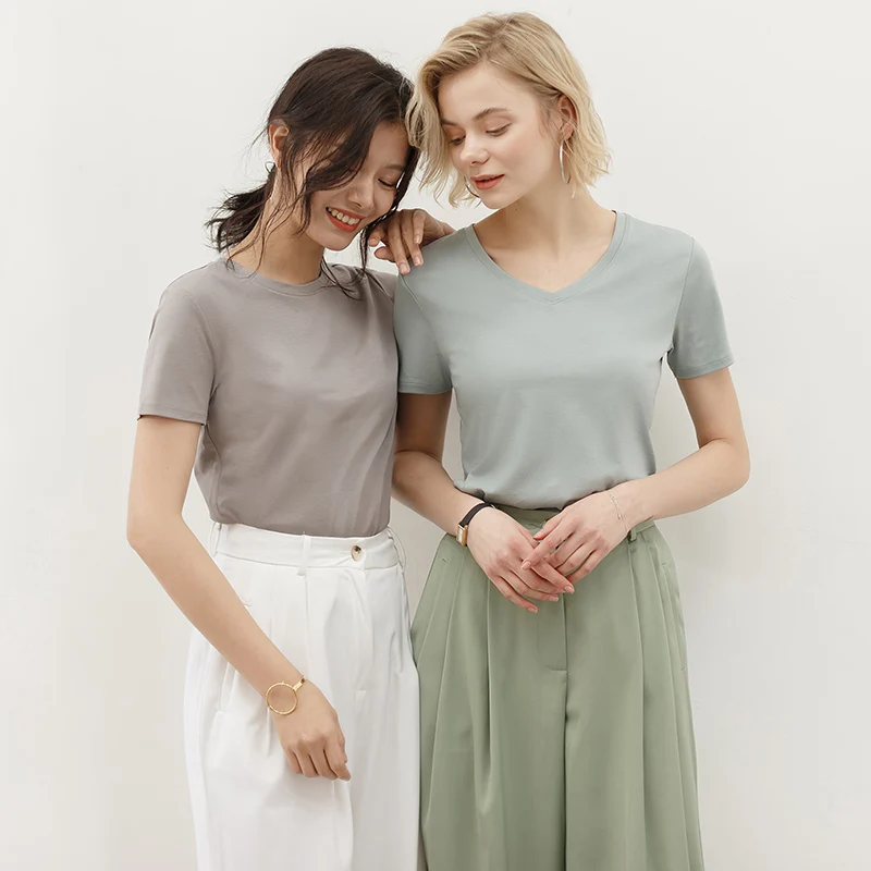 

Canvaus T Shirt Mercerized Cotton Tee Shirt Femme V Neck Short Sleeve Tshirt Camiseta Mujer Verano K1077A