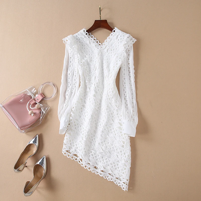 Женское асимметричное кружевное платье с длинным рукавом V_neck короткое выше