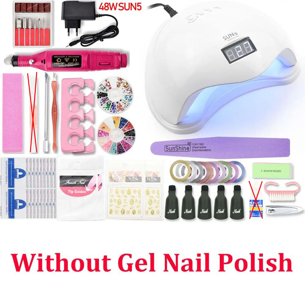 48W SET NO GEL Набор для ногтей УФ-светодиодный светильник Сушилка с 10 шт. Набор для гель-лака для ногтей набор инструментов для замачивания маникюра Комплект гель-лаков для ногтей инструменты для дизайна ногтей - Цвет: 48W SET NO GEL