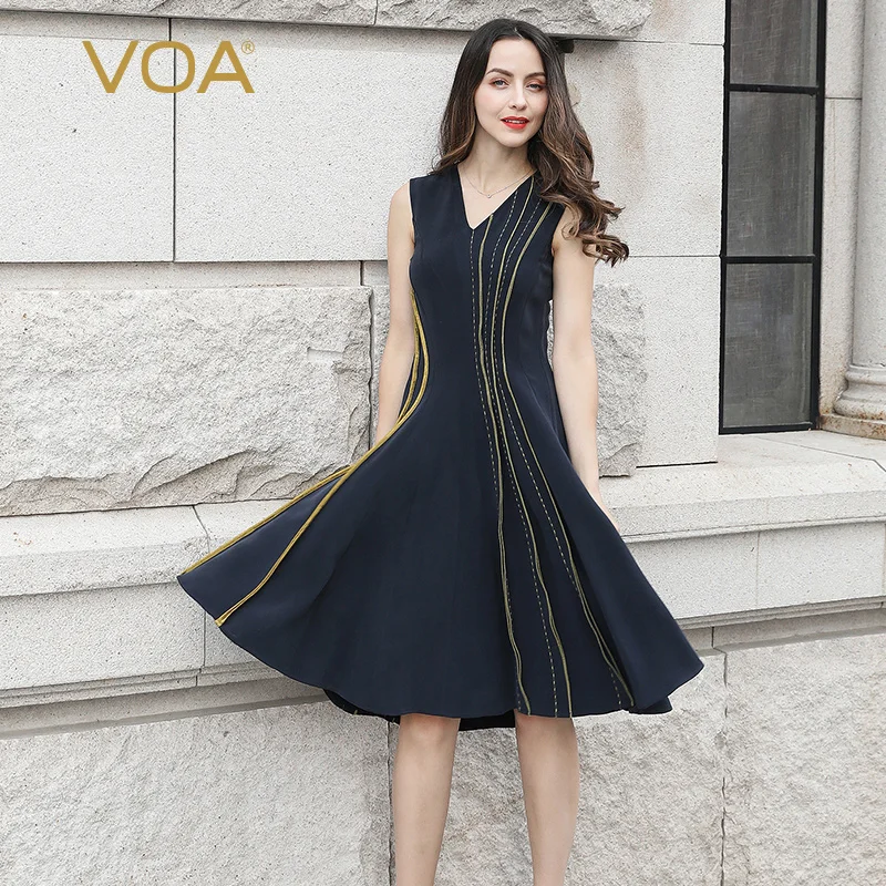 Воа из тяжелого шелка миди платье Для женщин V образным вырезом летние платья без
