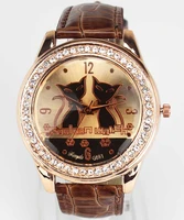 womens fashion trendy two cat face dial gold case crystal leather band quartz analog wrist watch