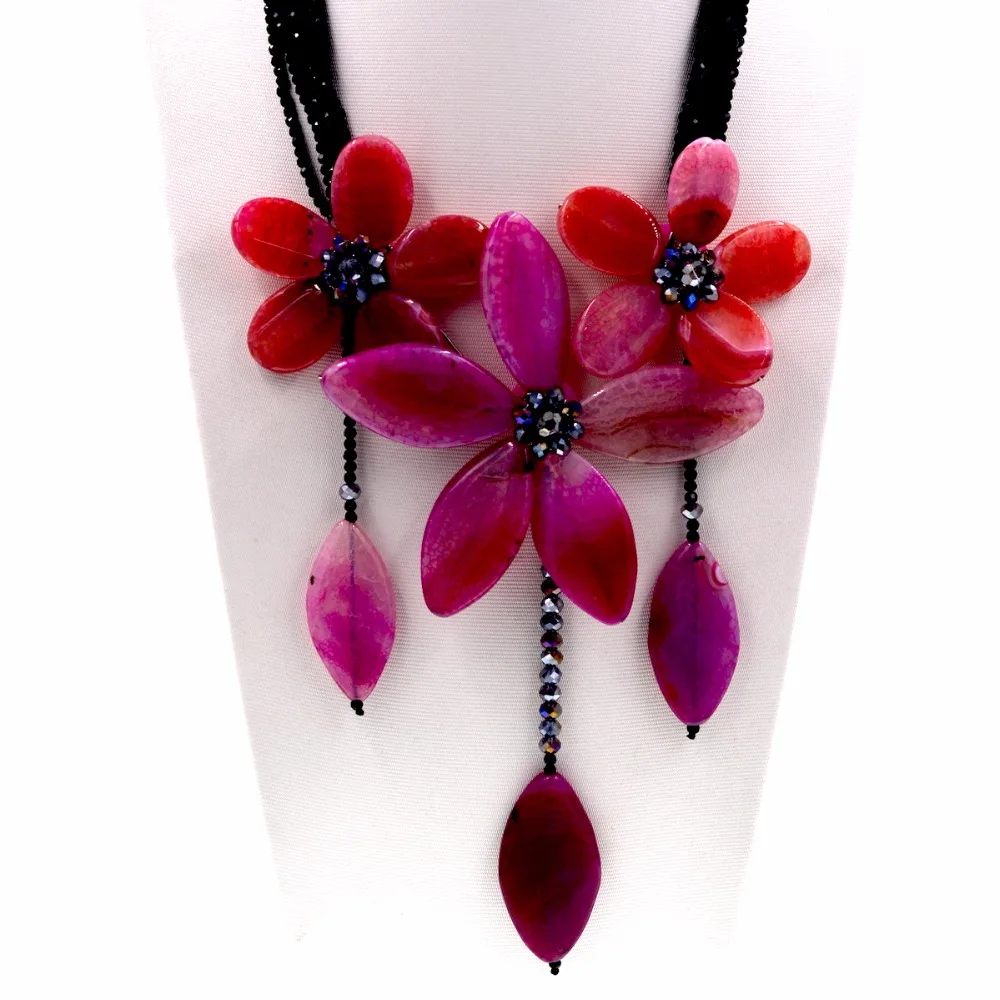 Ручной Работы ярко розовый Агаты цветок колье с черным кристаллом|necklace with|choker