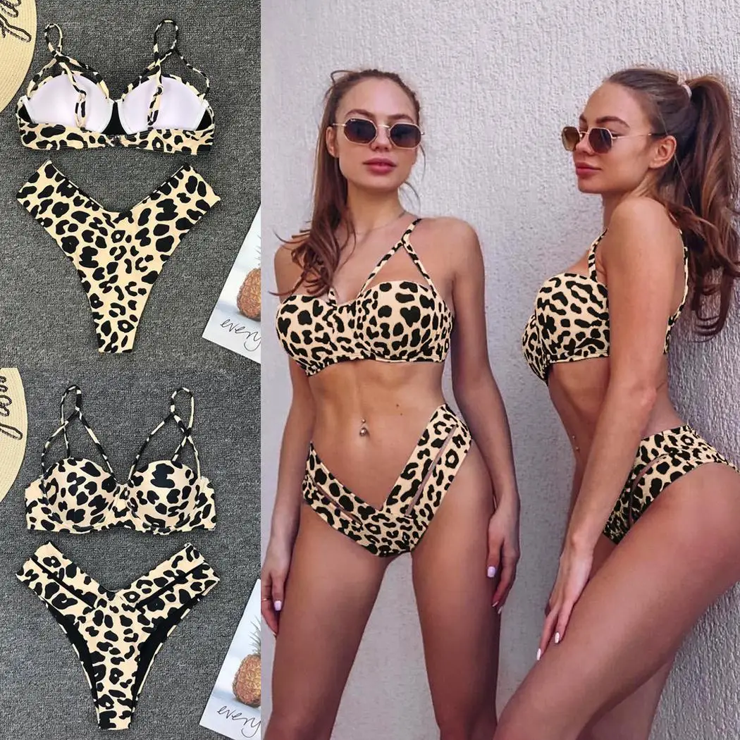 Женский летний комплект бикини с леопардовым узором однотонный пуш-ап