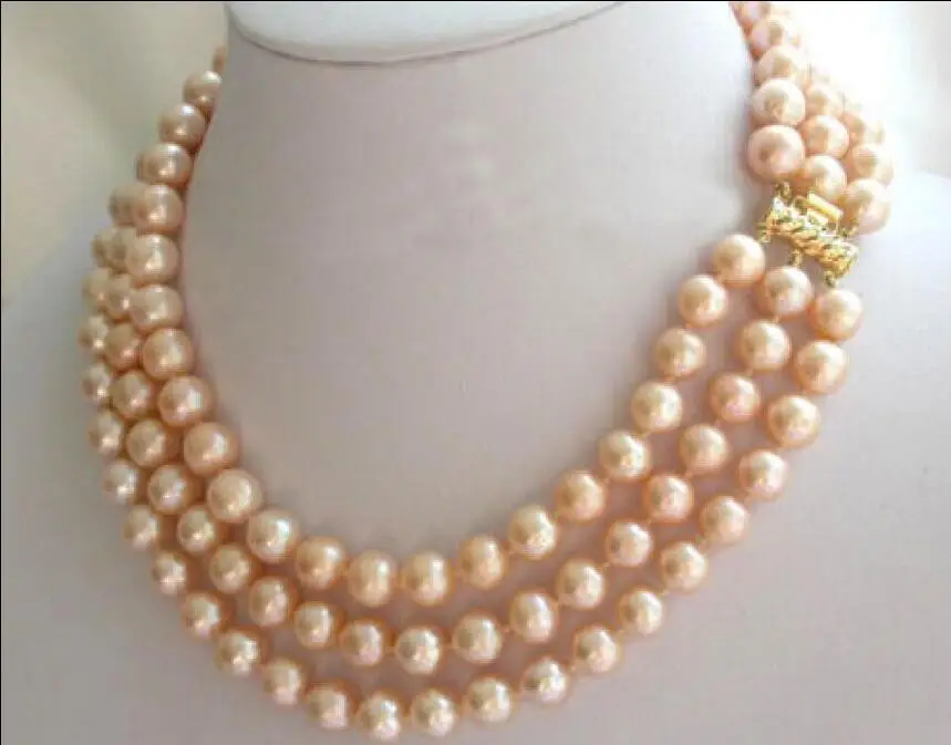 ~! 3 ряда 8-9 мм Южное море розовый натуральный жемчуг ожерелье 17-19 &quot18 К GP застежка
