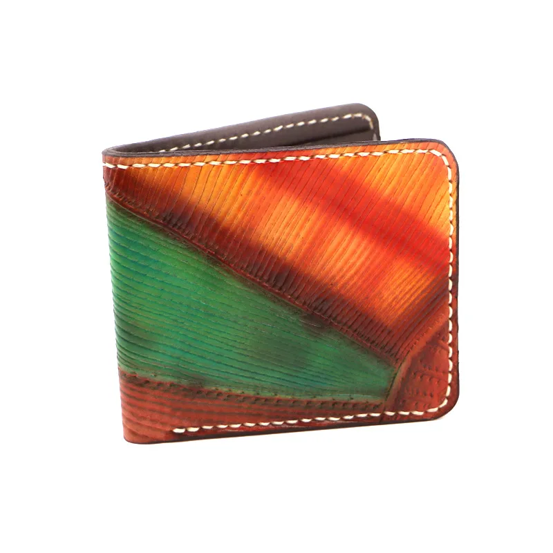 Hand-made Short Cow Leather Lovers Wallets Purses Men Iridescent Color Clutch Vegetable Tanned Leather Wallet Card Holder