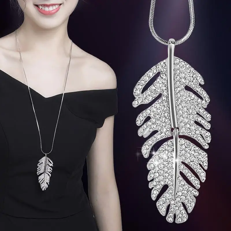 

Full Rhinestone Feather Long Necklace Elegant Women New Fashion Jewelry Sweater Necklace