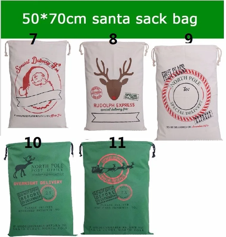 

20pcs/lot Free Shipping New Arrival Drawstring Gift Bag Christmas Canvas Santa Sack 10 styles for choice