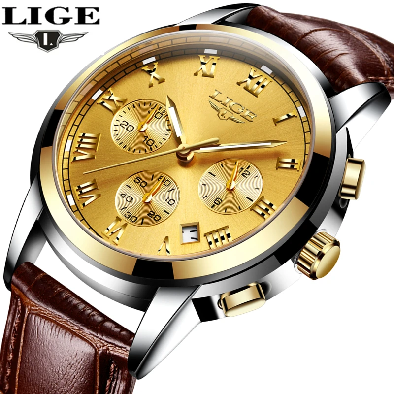 LIGE спортивные мужские s часы лучший бренд Роскошный кожаный Хронограф Кварцевые