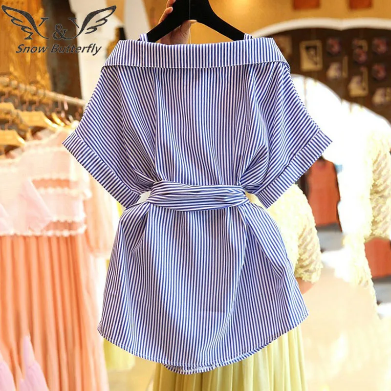 Women's Off Shoulders Blouse Chiffon Top Female Clothes Striped Shirt Plus Size Stylish Korean Fashion Clothing Summer Open 121 |