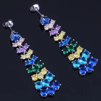 fascinating long multigem multicolor sky blue cubic zirconia white cz silver plated drop dangle earrings v0780