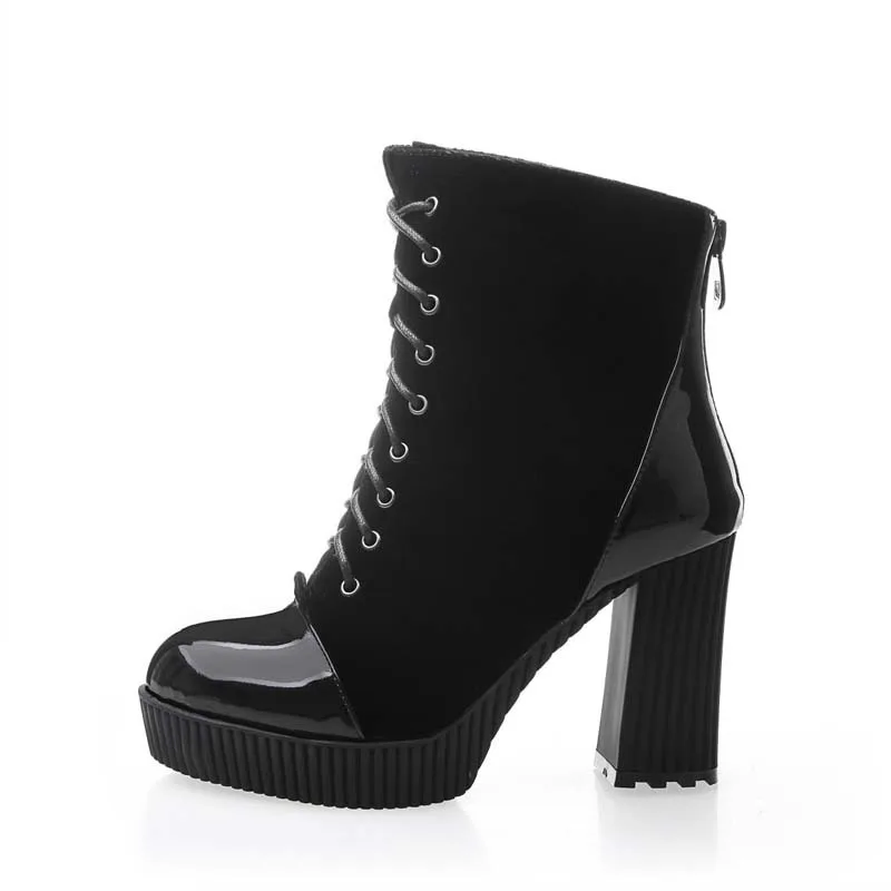 Круглый Носок Квадратный каблук pu + Стадо ботильоны для дамской одежды Высокие