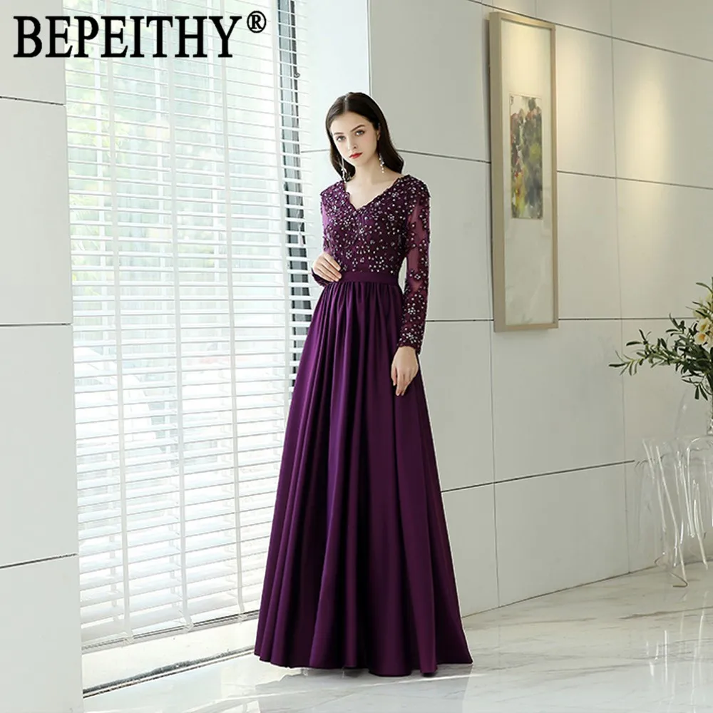 BEPEITHY vestido de festa Новое поступление элегантные кружевные бусы с v-образным вырезом Фиолетовый атласный пояс сексуальный длинный рукав с разрезом вечерние платья
