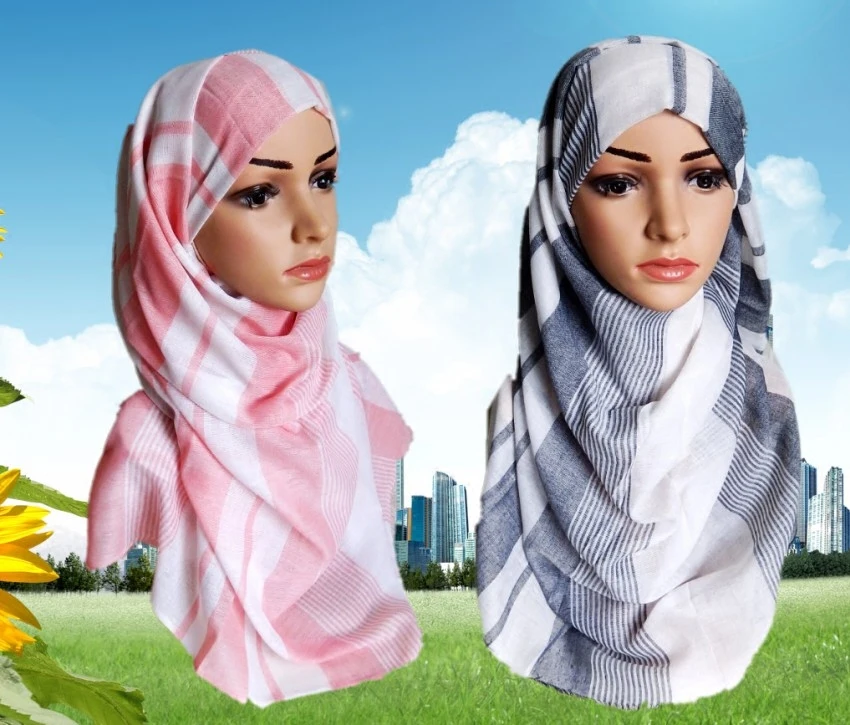 

Large Size Soft Cotton Muslim Women Headscarves Fashion Plaid Muslim Female Covering Arab Islamic Muslim Hijab for Ladies 200cm