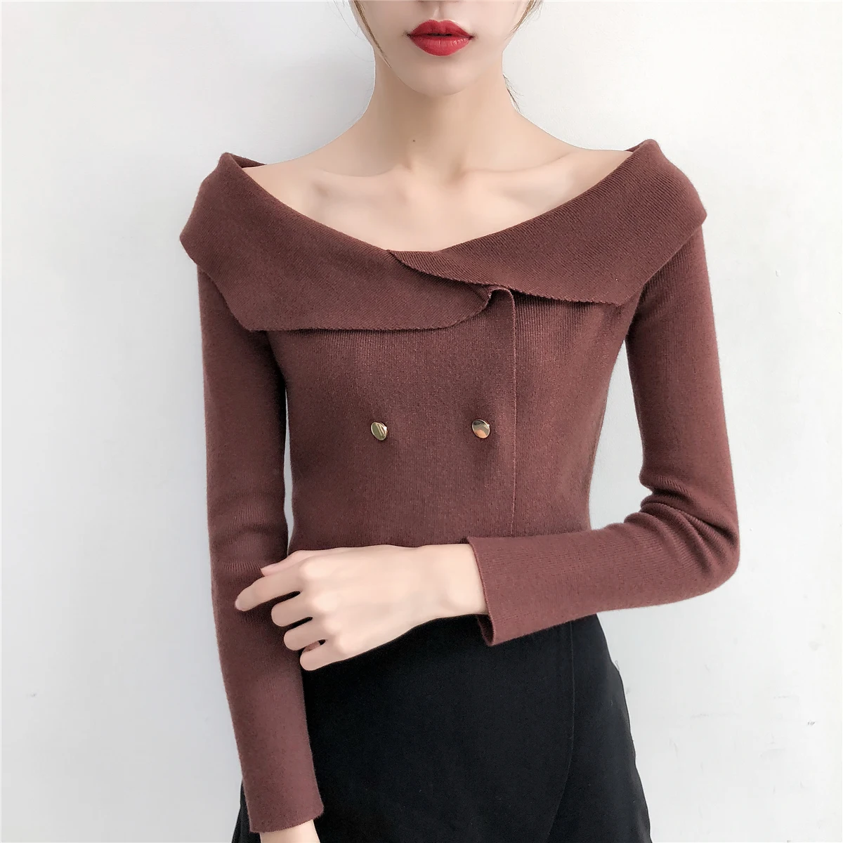 Осень-зима новое слово воротник Off-the-shoulder пикантные свитер женский сладкий