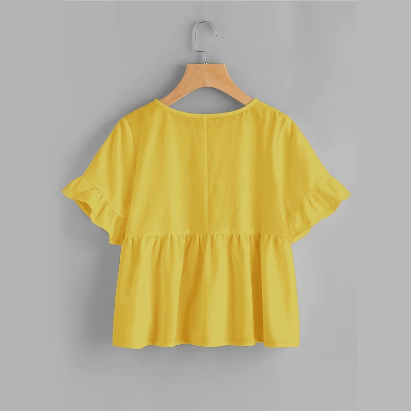 SHEIN, милый розовый топ с манжетами и рюшами, женская блузка, расклешенный подол, круглый вырез, короткий рукав, летние свободные женские топы и блузки