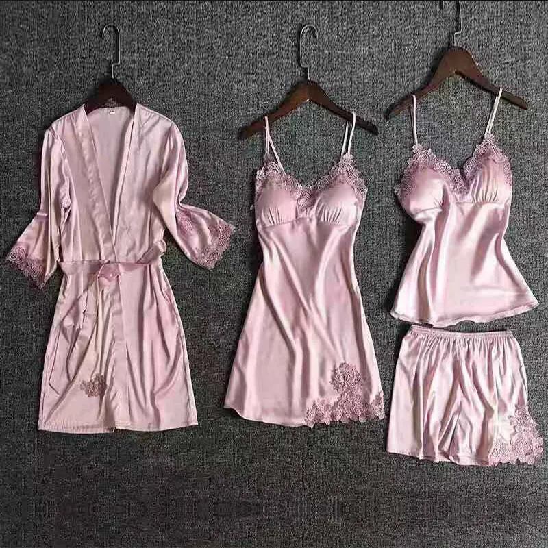 006 Женские пижамы, атласная пижама, шелковая Домашняя одежда, женский кружевной халат, нагрудные подушечки для сна, пижама, халаты, наборы, 6 шт - Цвет: 006
