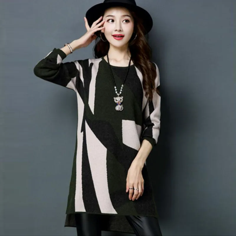 

Fashion Female Casual Long Pullovers Sweater O-Neck Knitting 2018 Autumn winter Patchwork Women Pullover Sweaters Tops FP1255