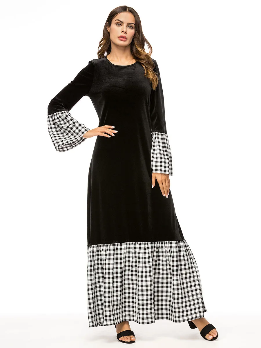 Элегантное бархатное длинное платье в клетку Abaya плотное мусульманское кимоно