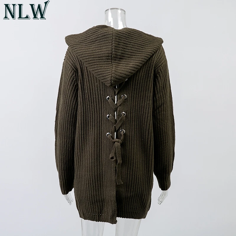 NLW 2019 Autumn Winter Knitted Cardigan Sweater Women Streetwear Long Sleeve Pocket Hooded Jumper Fashion Lace up Split |