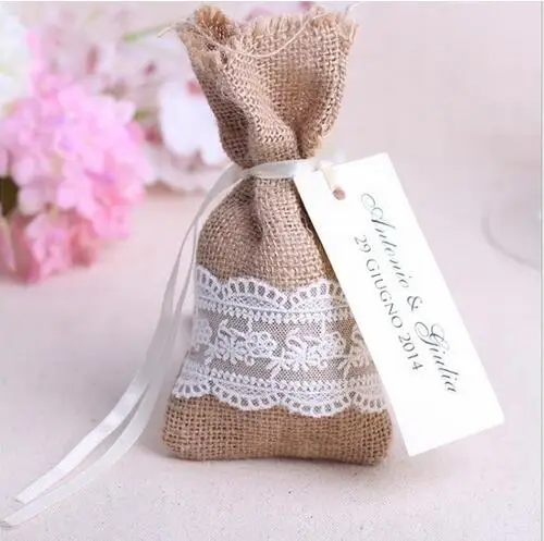 Free Shipping 50pcs/lot Size 9x16CM Rustic Small Candy Jute Sacks Handmade Burlap Lace Bags Wedding Gifts Favor Pouch | Дом и сад