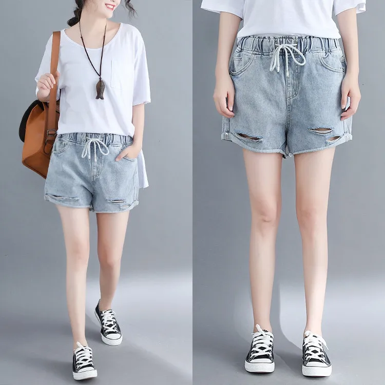 Summer Women Shorts Denim Hole Elastic Waist Bleached Casual Vintage Female Cowboy Wild Fashion | Женская одежда