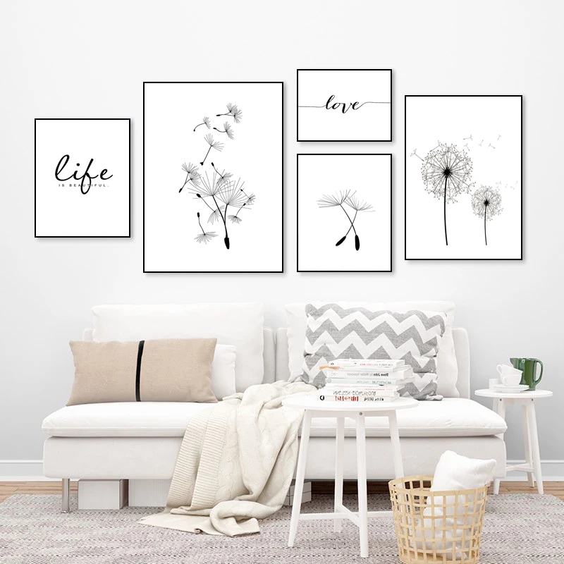 Черный белый цвет плакат Одуванчик Холст плакаты с живописью и принты надписью