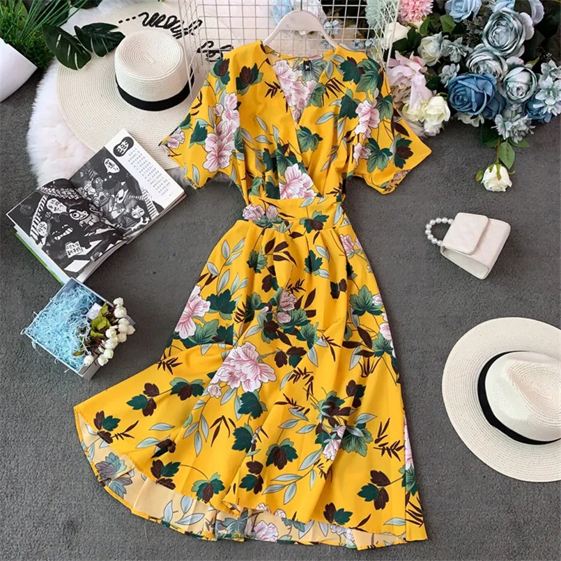 Винтаж 2021 в стиле бохо с v образным вырезом летние Цветочный принт миди длинное