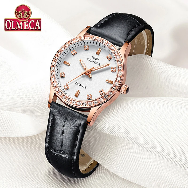 Zegarek damski OLMECA для женщин часы bling Красный Круглый циферблат Кожаный ремешок