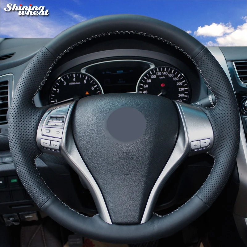 Блестящий пшеничный черный чехол на руль из натуральной кожи для Nissan 2013 Teana X-Trail QASHQAI Sentra