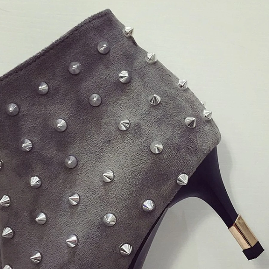 Панк Сапоги Серый Ботильоны Заклепки Черный Указал Женщин Конструктора обувь На