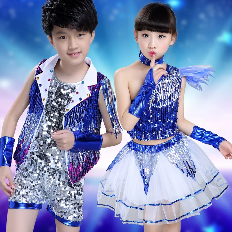 

Jazz Dance Stage Costume Kids Children Colourful Jazz Sequin Suit Street Dancing Clothing Boys Performance Dancewear DNV10637