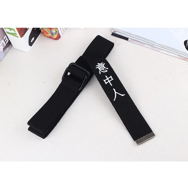 black yizhongren Black White Canvas Belt For Men Women Jeans Chinese Characters Personality Double Ring Buckle Belt Casual white Waistband Z3 - Цвет: black yizhongren