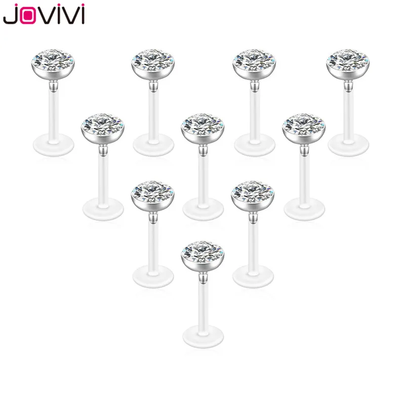 10pcs 5mm Jovivi 16G УФ гибкий акрил 3-5 мм кубический цирконий Лабрет, Монро кольцо для губ Козелка серьги-гвоздики пирсинг со штангой - Окраска металла: 10pcs 5mm