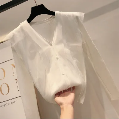 white Новые весенние женские модные вязанные кардиганы сетчатые сшивные свитера осенние с v-образным вырезом элегантные оборки кардиган свитер Трикотажное изделие - Цвет: white