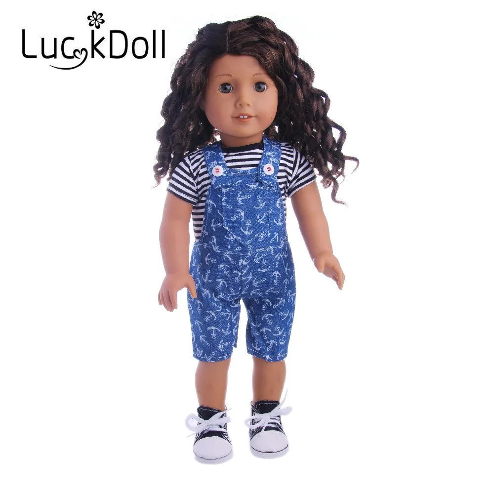 

Fashion New 18-inch doll clothes black and white striped T-shirt + anchor pattern bib casual two-piece suit