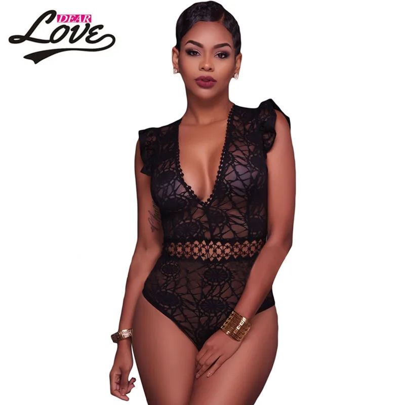 Dearlove сексуальный комбинезон 2017 черный v шеи sheer кружева боди ансамбль sous vetement femme