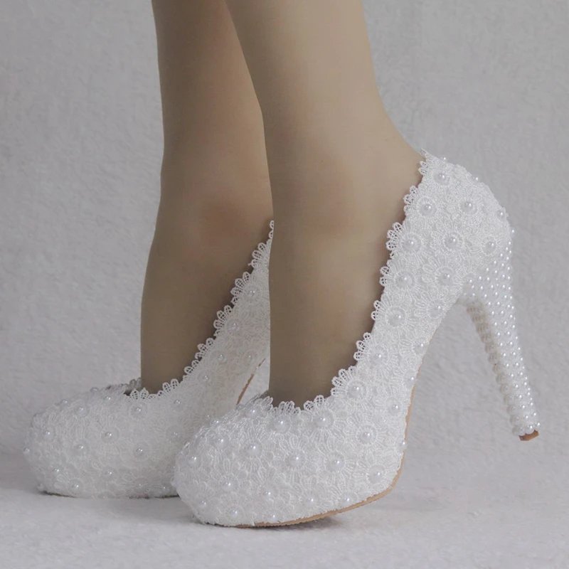 Dropshipping Pearls Crystal Flower Wedding Shoes Bride White Pearls Handmade Proms Dress Platforms Patty Pump Shoes XY-B0314