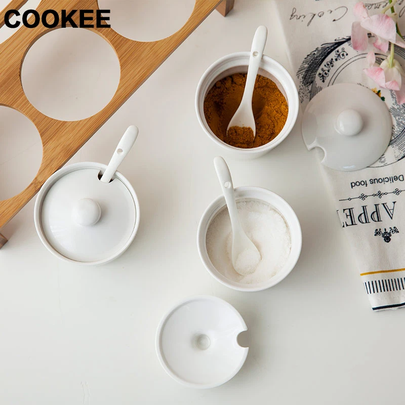 Приправы банки Керамика бамбука для кухни костюмы с ложка соуса блюдо специй