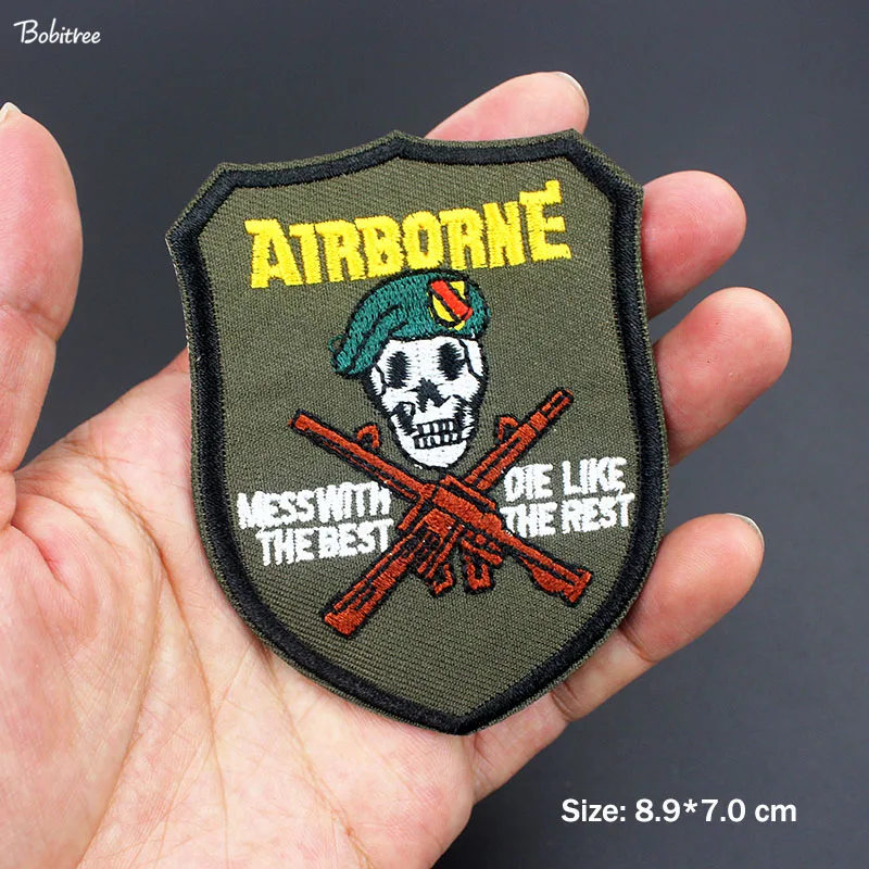 Череп Армейский зеленый Airborne военные нашивки Утюг на Костюмы вышитые значки аппликаций для куртка джинсовая наклейки
