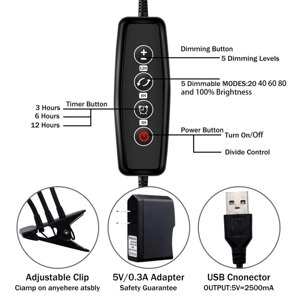 Полный спектр 5 W 10 W 15 W USB 5 V Светодиодный лампа для выращивания растений с питанием от источника лампочками 5 уровней яркости Крытый расти подсветка для растений Авто включения и выключения с 3/6/12 H таймер