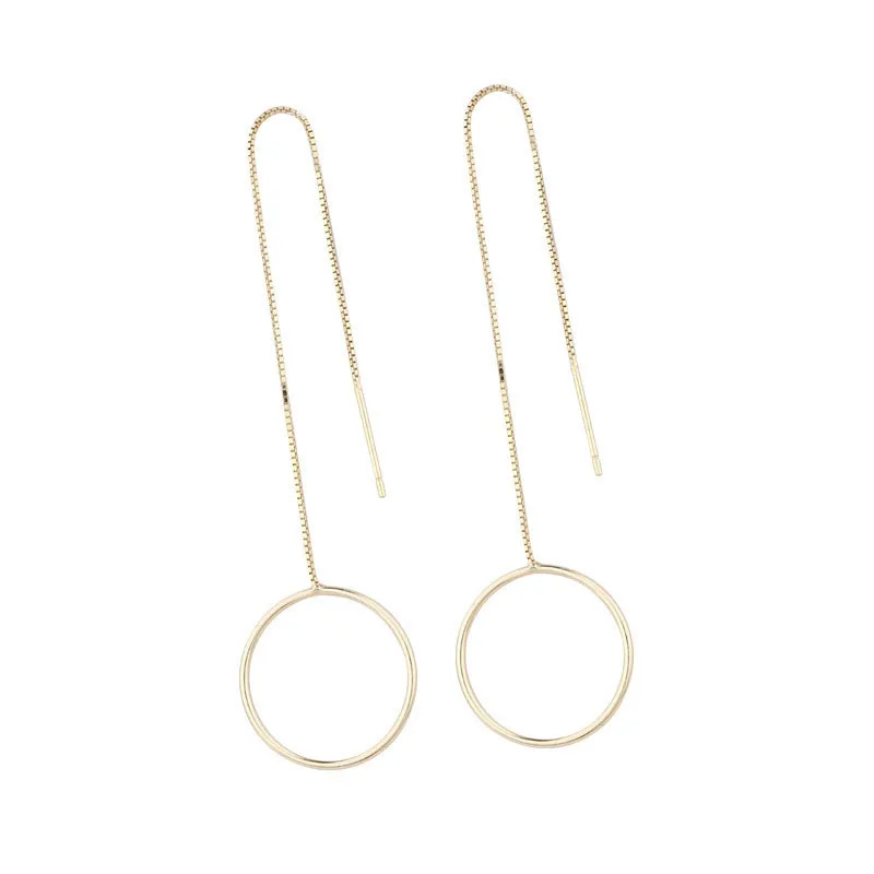 

Pure 925 Sterling Silver Round Link Drop Dangle Gold Color Threader Through Chain Long Earrings For Women Jewelry Aros Aretes