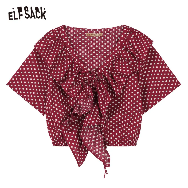 Женские хлопковые рубашки в горошек ELF SACK бордовые блузки с V образным вырезом