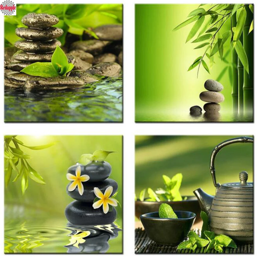 

diamond Painting new Bamboo Green tea with Zen Stone Flower 5d cross stitch 3D embroidery mosaic full rhinestone 4pcs decoration